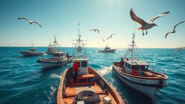 Fishing boats cleanup effort on a sunny ocean day.