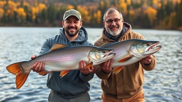 Two men enjoying fishing on a lake with autumn trees.