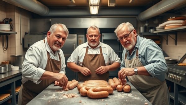 Middle-aged men making sausages in a basement workshop, focused on preparing.