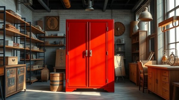 Vintage red cabinet in an industrial setting.