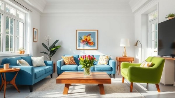 Bright spring living room decor with colorful furniture and tulips.