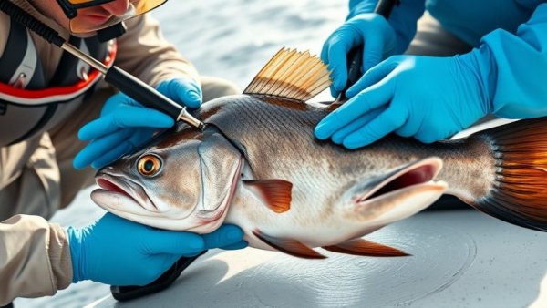 Researchers tagging fish in controlled setup for Fishing News.