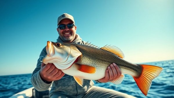 Fisherman holding a large bass at a fishing tournament.