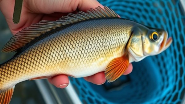 Close-up of a walleye fish being held on a boat with a blue net.