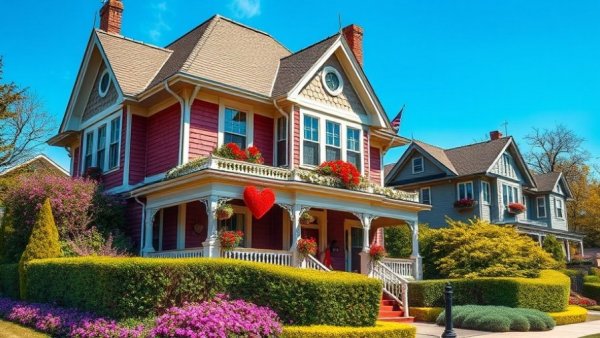 Charming Victorian-style house with Valentine's Day decor, colorful homes.