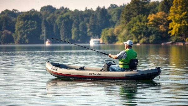 Man fishing on a motorized kayak in a serene lake