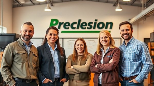 Precision Farming team in dealership office, smiling confidently.