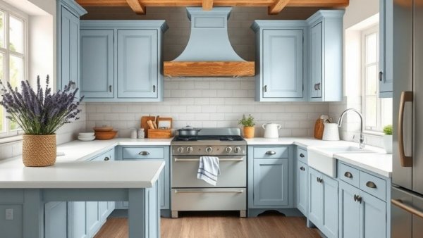Charming farmhouse kitchen with light blue cabinets and decor.