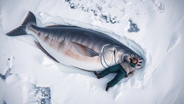 244-Pound Atlantic Halibut on ice with person in winter clothing.