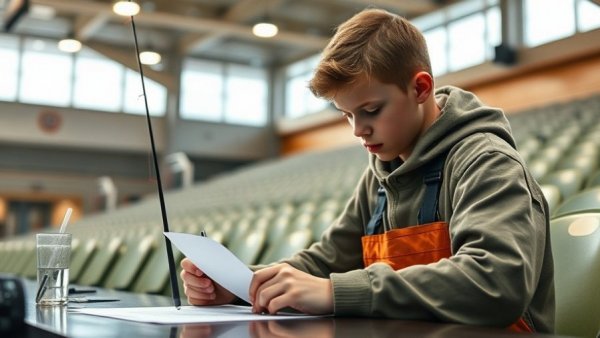 Young fisherman signing forms at a fishing tournament indoors.