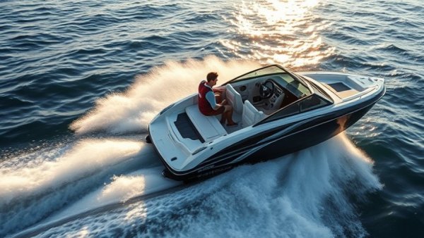 Yamaha CrossWave fishing boat zooming across water, dynamic and award-winning.