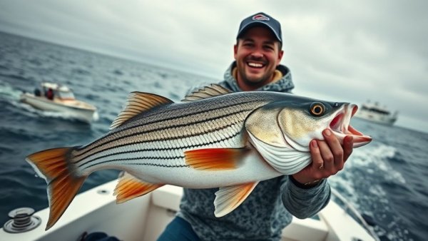 Striped bass fishing at Block Island with angler holding catch.