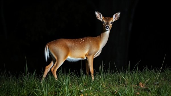 Young deer on grassy slope at night, Deterring Wildlife Violators.