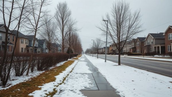 Melting snow along sidewalk during winter storm thaw.
