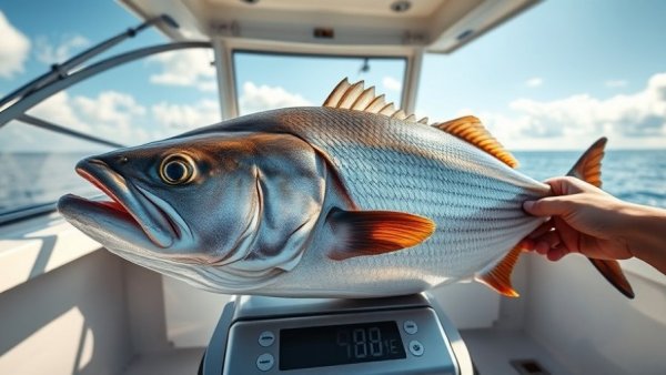 Large fish on scale in fishing boat, fishing news.