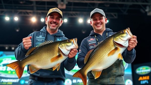 Victorious anglers at fishing tournament with large catches.