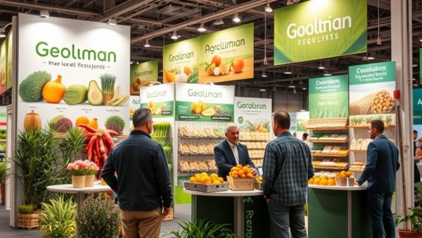 Trade show booth with two men discussing products and numerous containers in foreground.