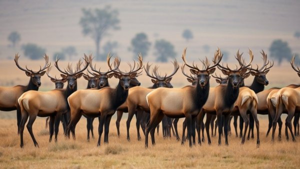Elk herd grazing in Wisconsin field, serene natural setting.