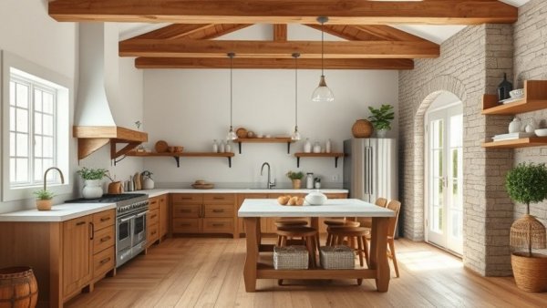 Rustic farmhouse kitchen spring decor with stone wall and wooden beams.