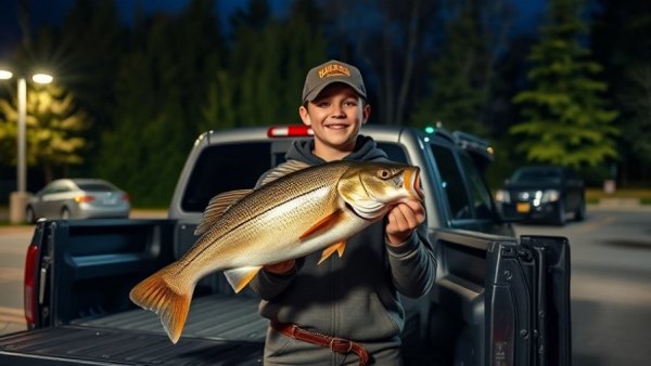 Drew Gill Fishing Success: Angler with trophy beside truck at night.