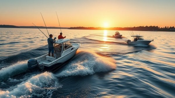 Boats in fishing tournaments racing on a lake at sunrise.
