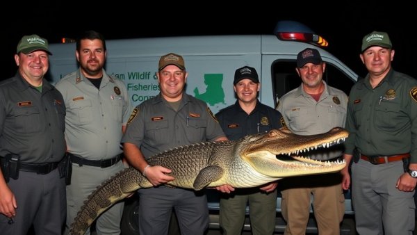 Wildlife agents holding a live alligator on Bourbon Street at night.