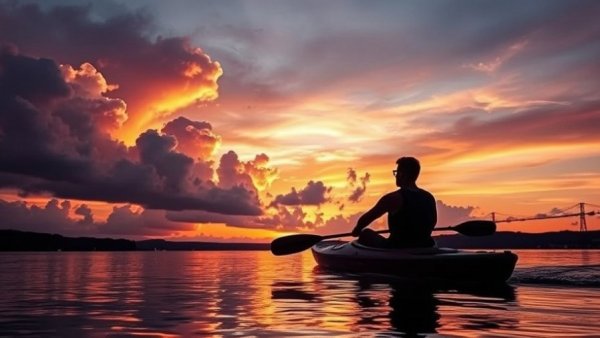 Kayaker at sunset on a Minnesota lake, vivid sky reflection.