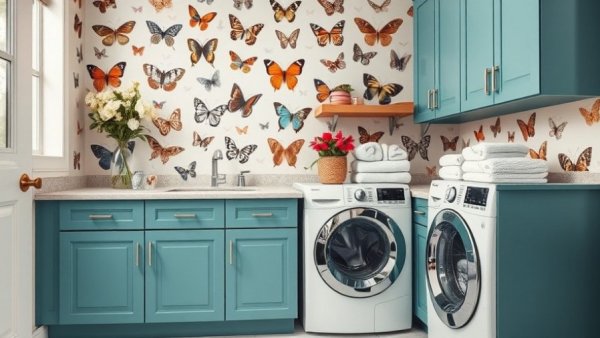 Stylish laundry room with butterfly animal wallpaper, teal cabinets.