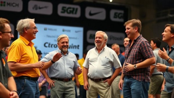 Fishing tournament presentation with energetic middle-aged men on stage.
