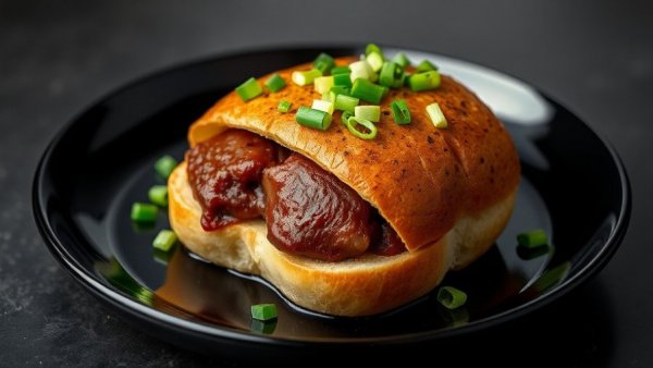 Venison Dumpling-Stuffed French Bread on black plate garnished with green onions.
