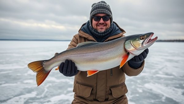 Ice fishing for lakers in the Boundary Waters - fisherman with trout.