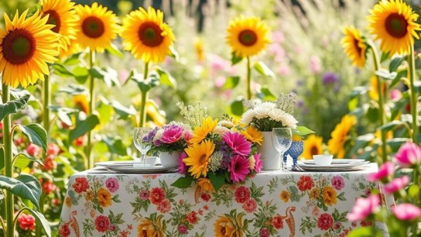 Flower gardening table setting in a sunlit garden with floral decor.