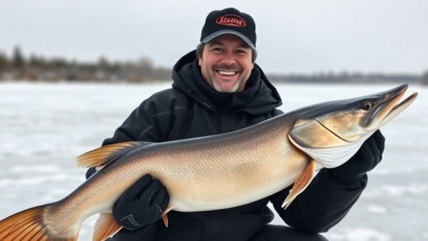 Angler holding a 52-inch muskie on a snowy lake.