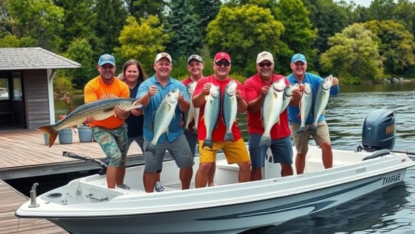 Anglers celebrate catch during fishing tournaments on a boat near a dock.