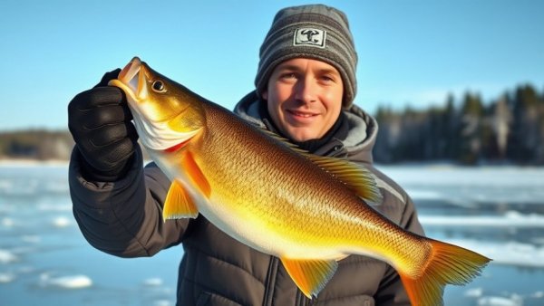Young man holding a perch on frozen lake during mid-winter panfish fishing.