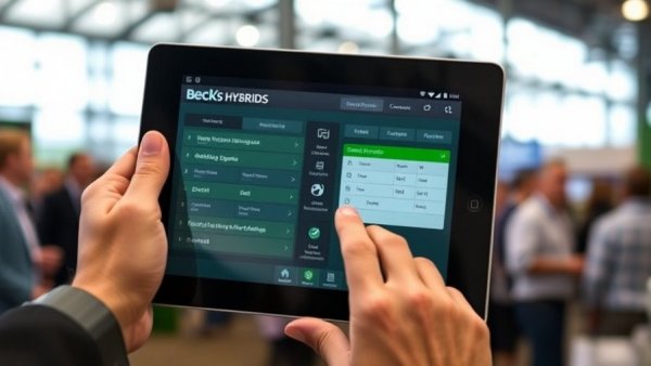 Beck's Hybrids SeedIQ software on tablet at farm innovations event.
