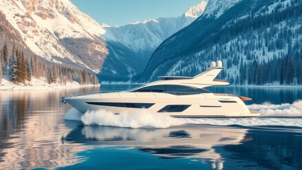 De Antonio Yacht gliding through a Canadian lake surrounded by mountains.