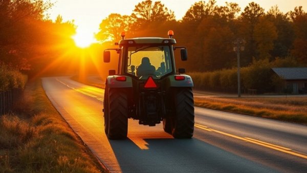 TYM tractors 75 years - Sunlit tractor on rural road at sunset.
