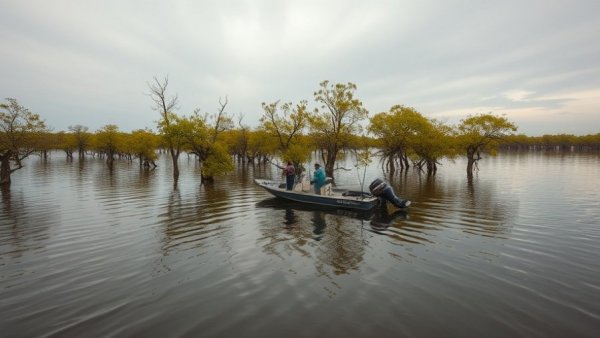 Aerial view of Santee Cooper Lakes with anglers in a fishing tournament.