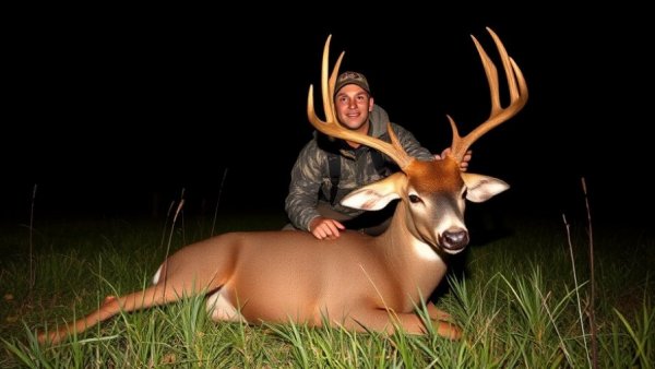 Young hunter with trophy buck at night in Louisiana field.