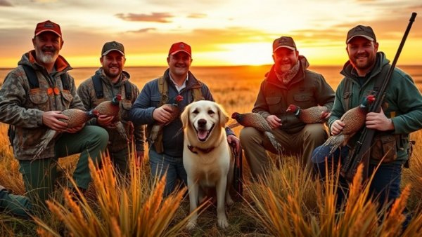 Public lands pheasant hunt with group of hunters and pheasants.