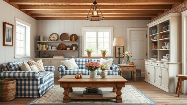 Cozy farm-style living room with rustic decor for small space decorating in farm home.