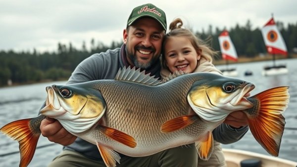 Father and daughter holding large fish at a fishing tournament by a lake.