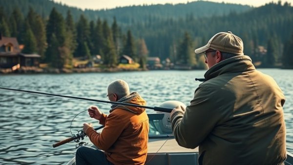 Anglers fishing on Alabama lake, peaceful nature scene.
