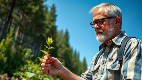 Man examining plant sprout outdoors in deforested area.