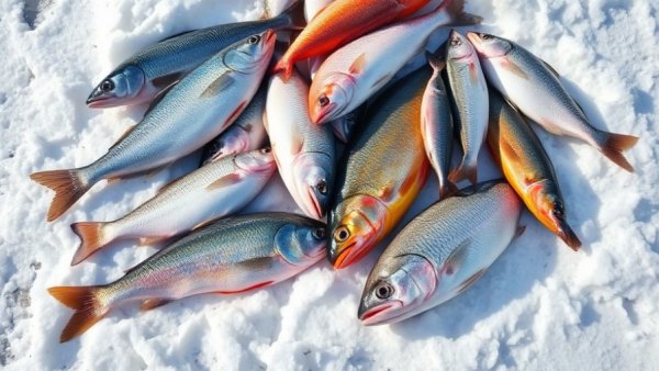 Freshly caught fish from ice fishing on Ohio waters of Lake Erie on snow.