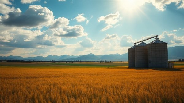 Sunlit rural farm landscape with grain silos; faster line speeds for family farmers.
