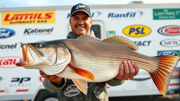 Man showcasing a large catch at a fishing tournament event.