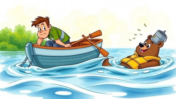 Cartoon boating adventure with men and bear, lively and humorous.