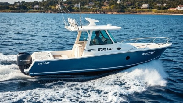 World Cat 265DC-X fishing boat on open water with shoreline view.